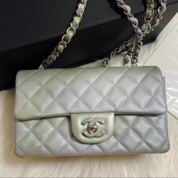 {CHANEL} Metallic Goatskin Quilted Mini Rectangular Flap Grey Green - Picture 8 of 10
